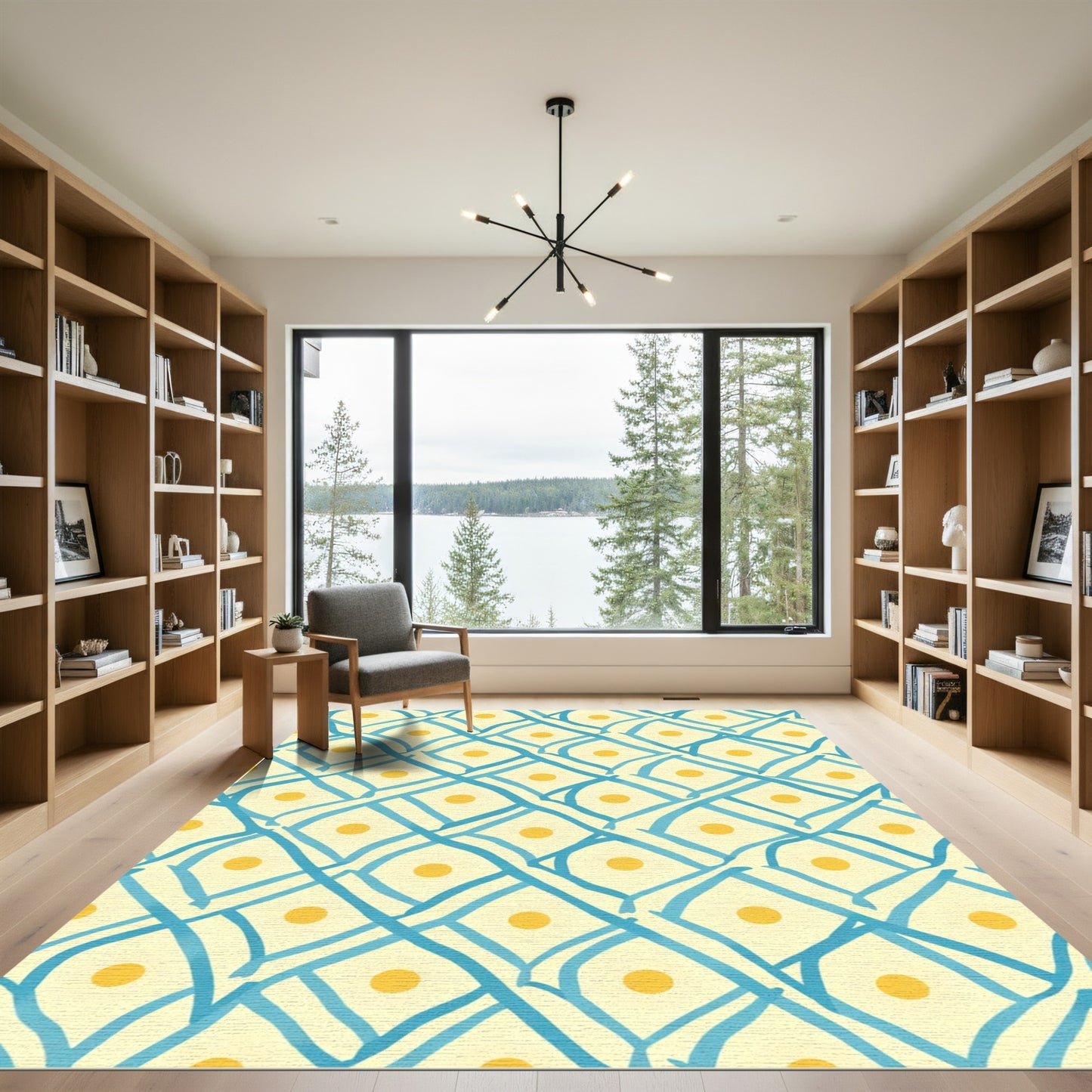 Yellow Cream Blue Lattice Dot Rug