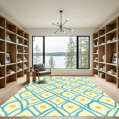 Yellow Cream Blue Lattice Dot Rug