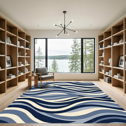 Deep Blue Cream Layered Wave Rug