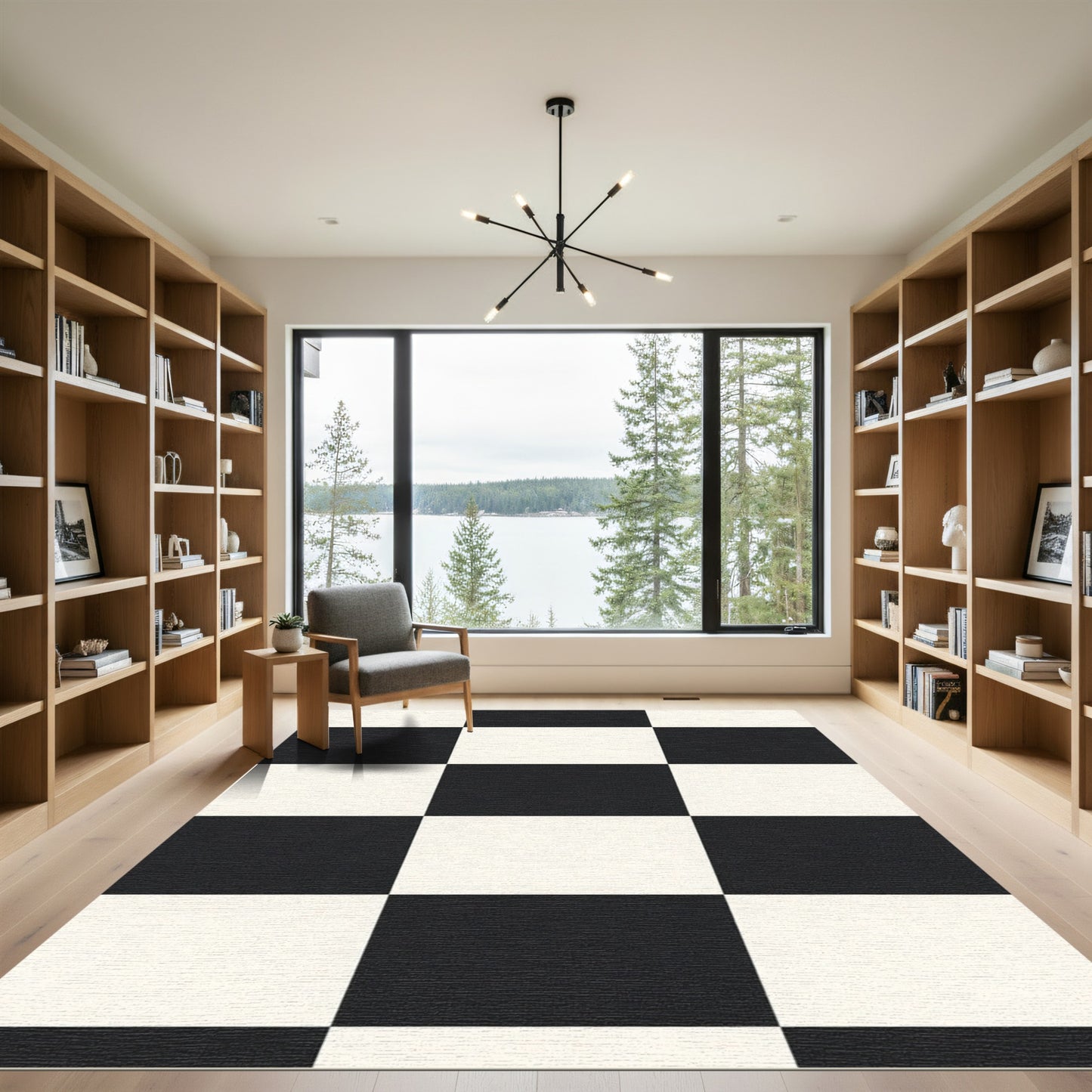Bold Black White Square Grid Rug