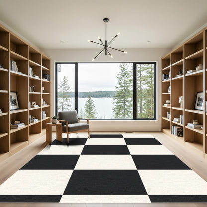 Bold Black White Square Grid Rug