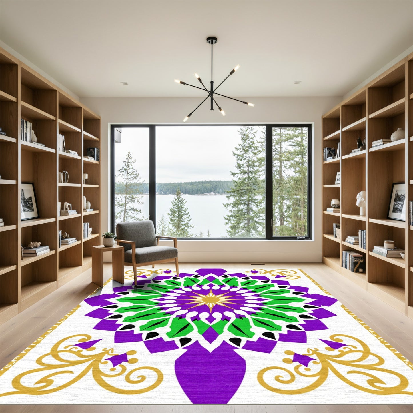 Vivid Grape Green Gold Mandalas Rug