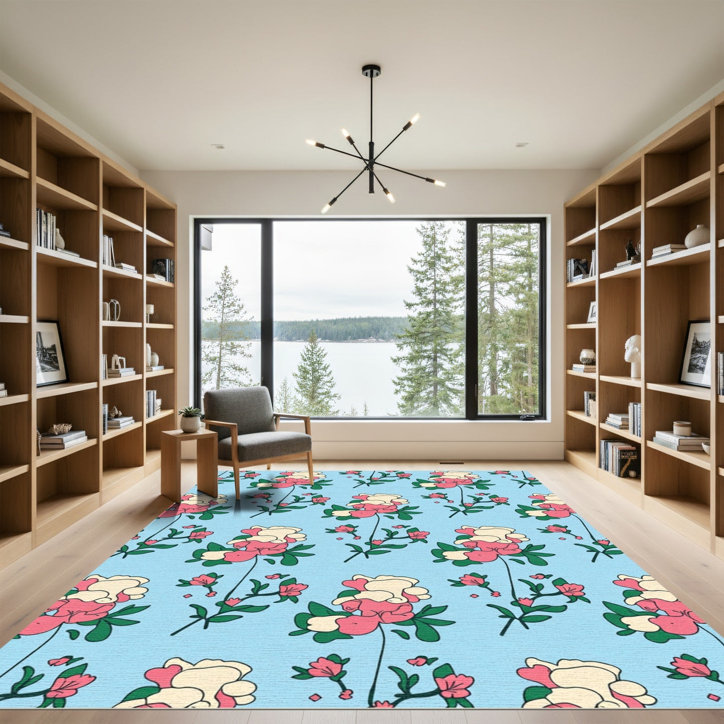 Pink Cream Floral Branch Pattern Rug