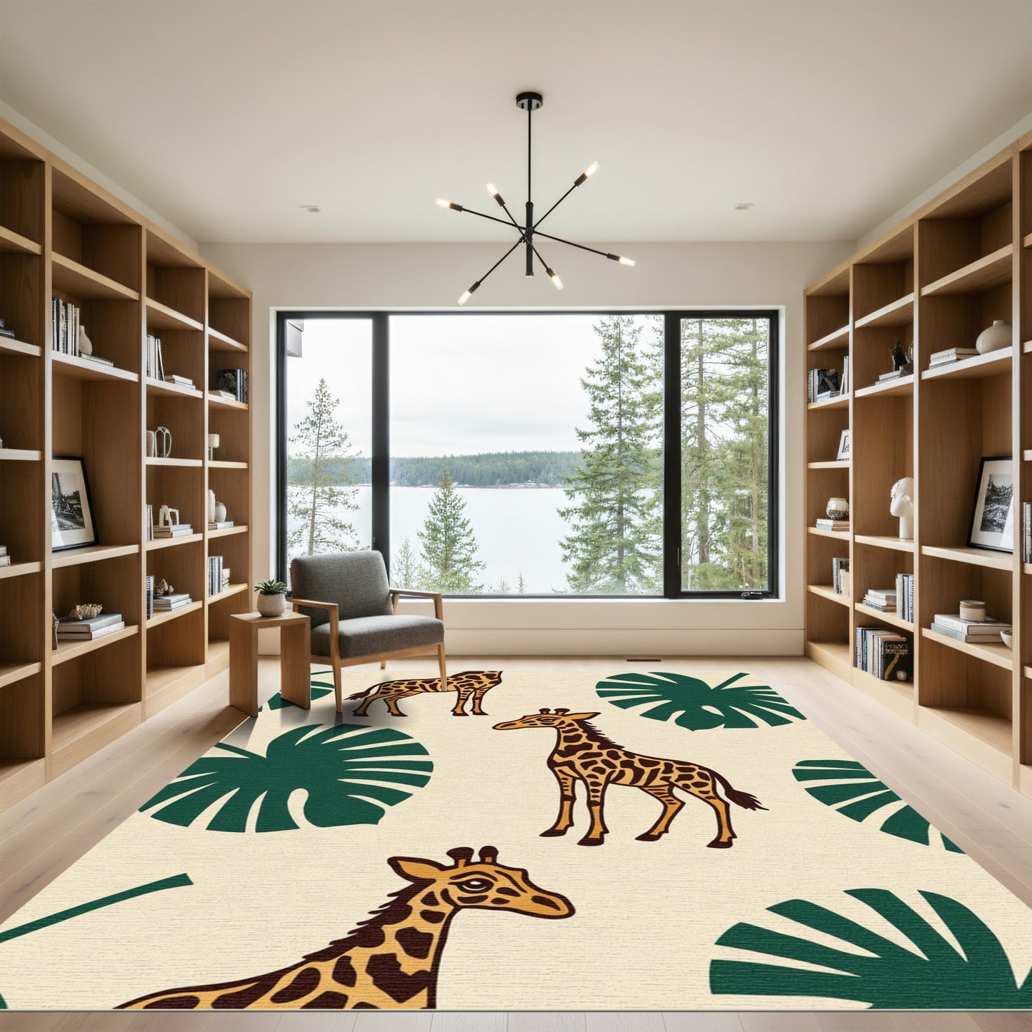 Safari Giraffe Monstera Leaf Print Rug