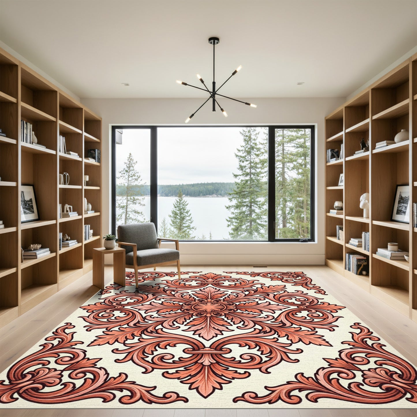 Coral Rococo Scroll Leaf Arrangement Rug