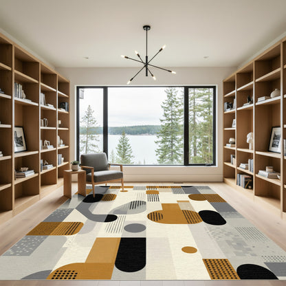 Abstract Ochre Black Geometric Grid Rug