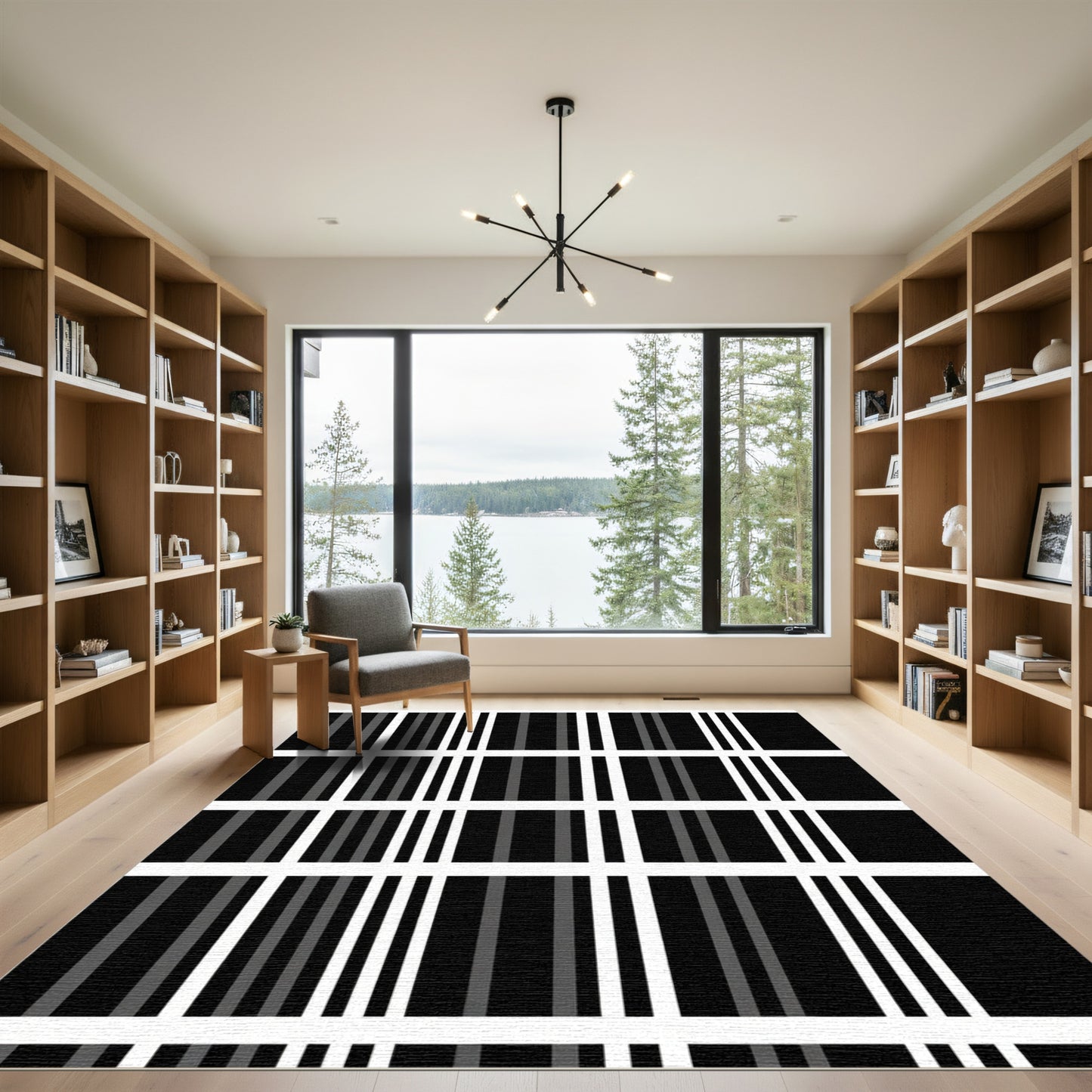 Black Gray White Vertical Stripe Grid Rug