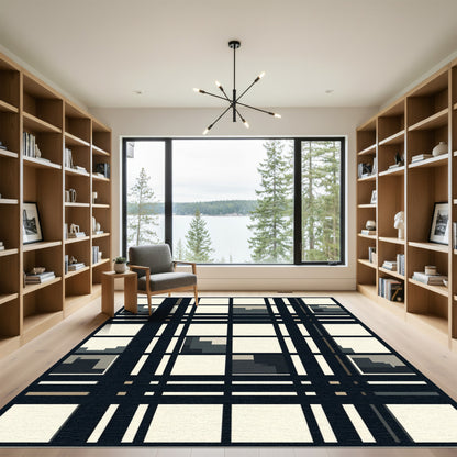 Dark Navy Plaid Abstract Blocks Rug