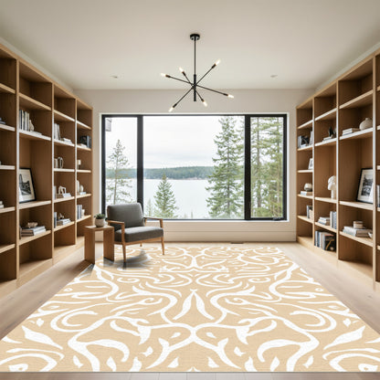 Cream White Abstract Swirl Mandala Rug