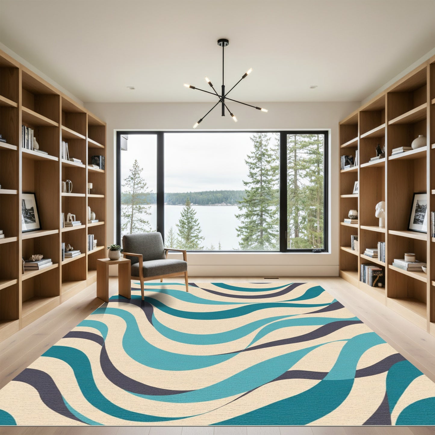 Cool Blue Wavy Ribbon Abstract Rug