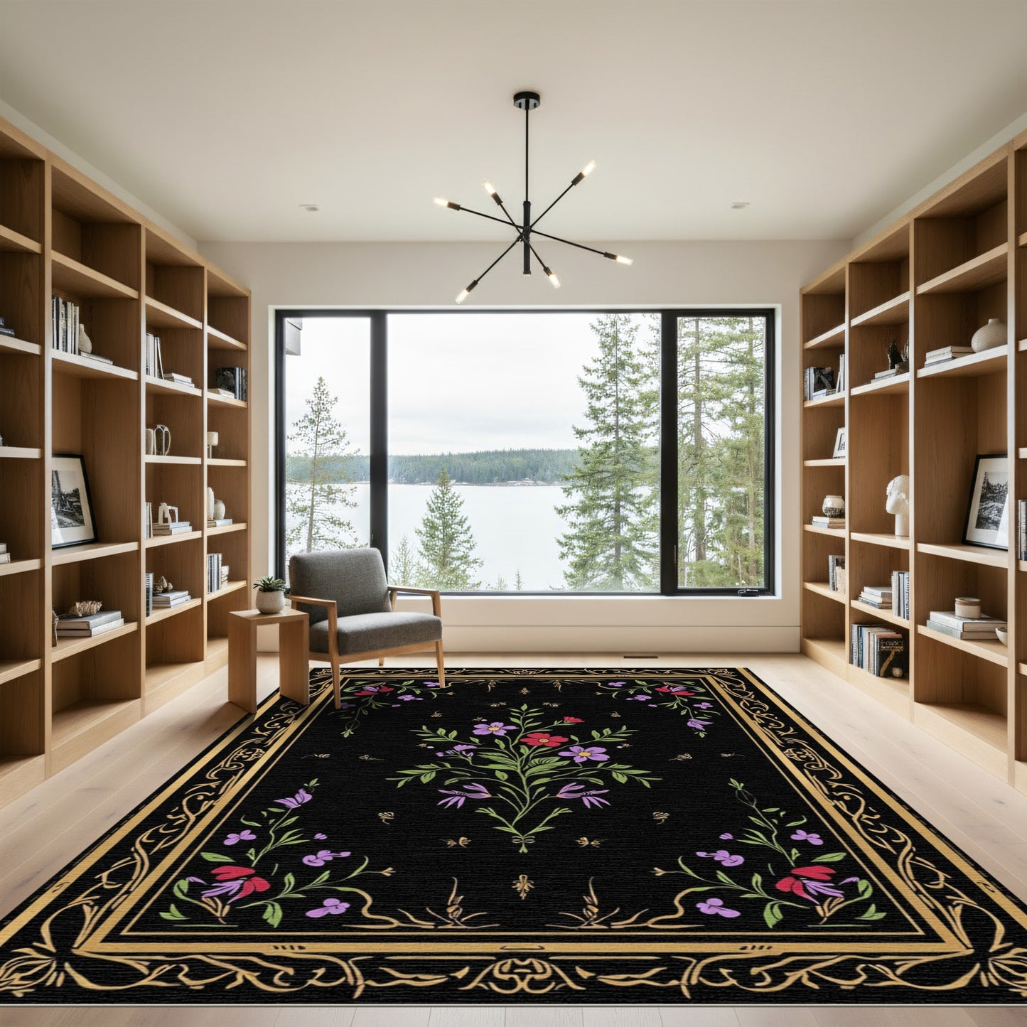 Black Floral Garden Border Rug