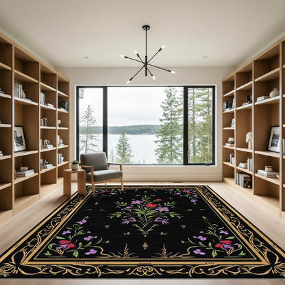 Black Floral Garden Border Rug