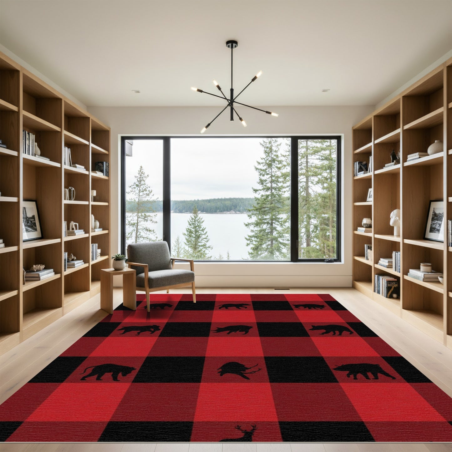 Red Black Plaid Wildlife Silhouette Rug