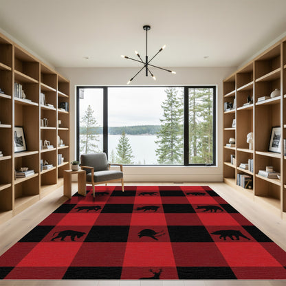 Red Black Plaid Wildlife Silhouette Rug