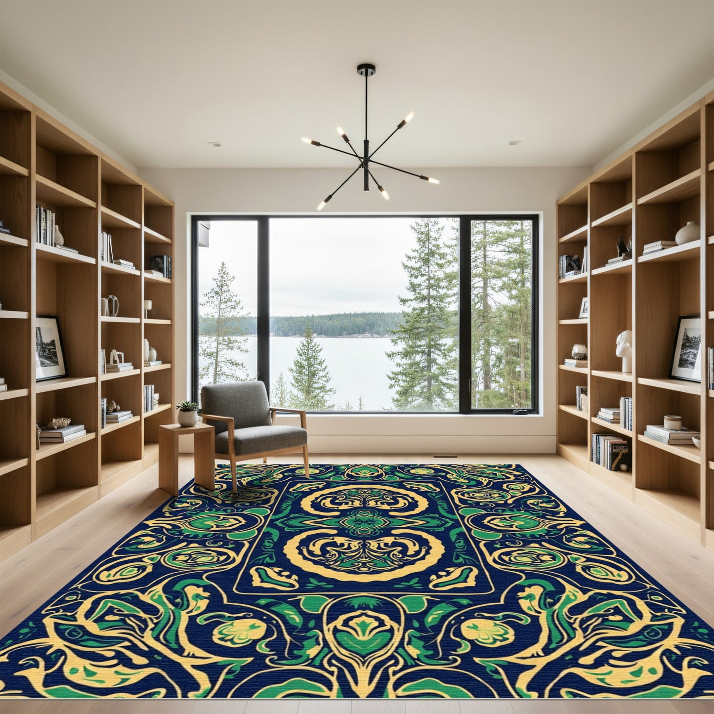 Deep Blue Emerald Floral Art Nouveau Rug
