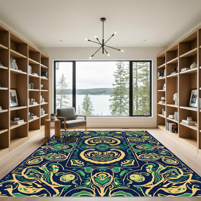 Deep Blue Emerald Floral Art Nouveau Rug