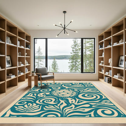 Teal Turtle Swirls Floral Artwork Rug