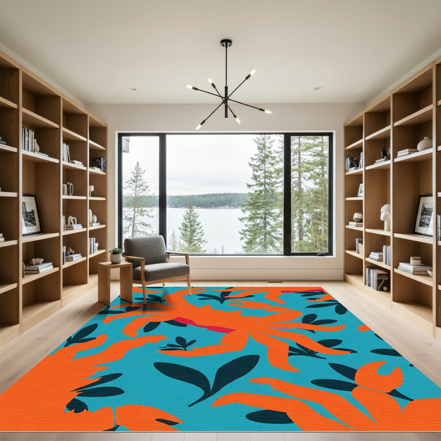 Bold Orange Crab Teal Foliage Rug
