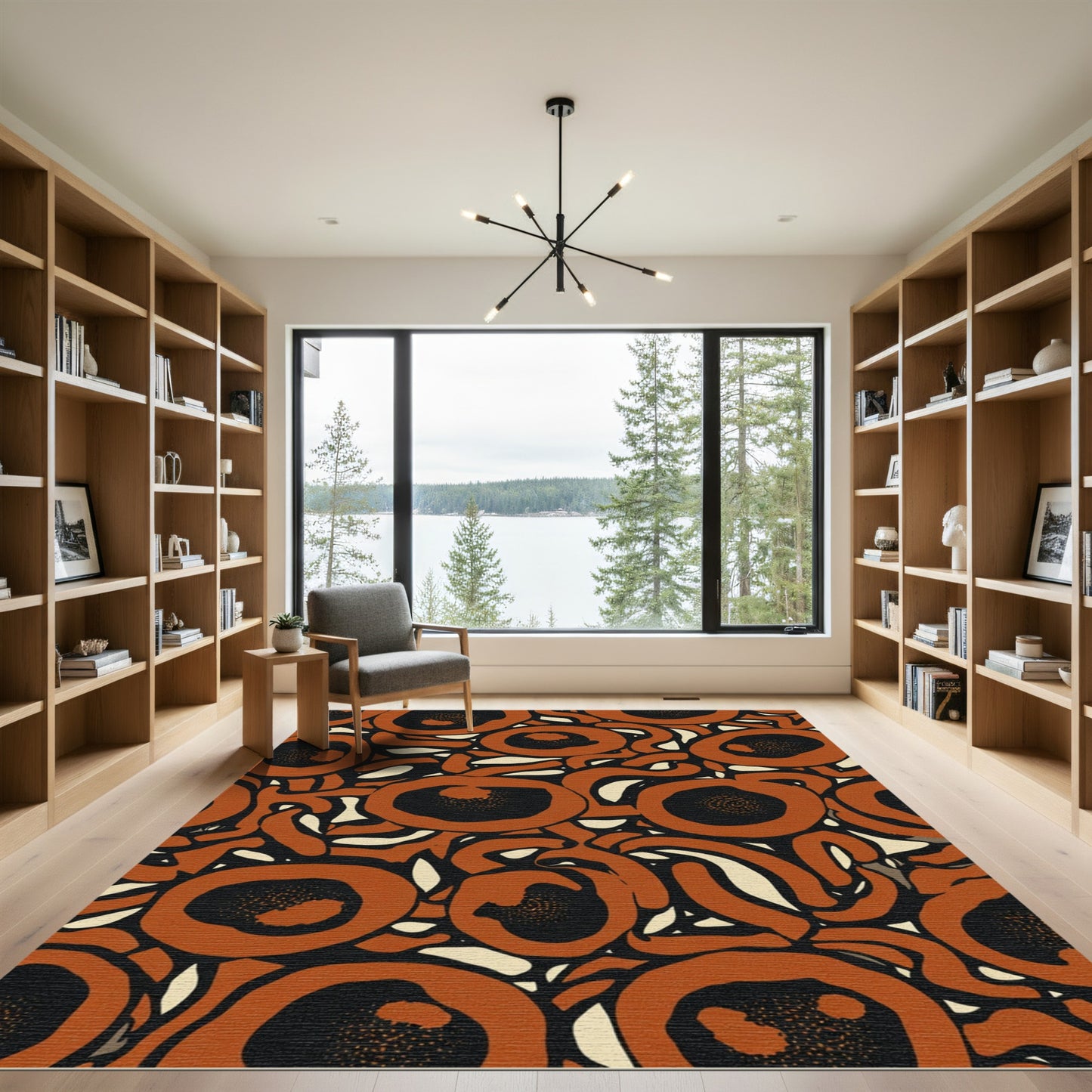 Terracotta Black Abstract Floral Swirls Rug