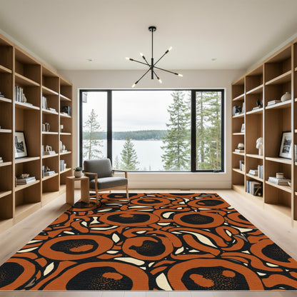 Terracotta Black Abstract Floral Swirls Rug