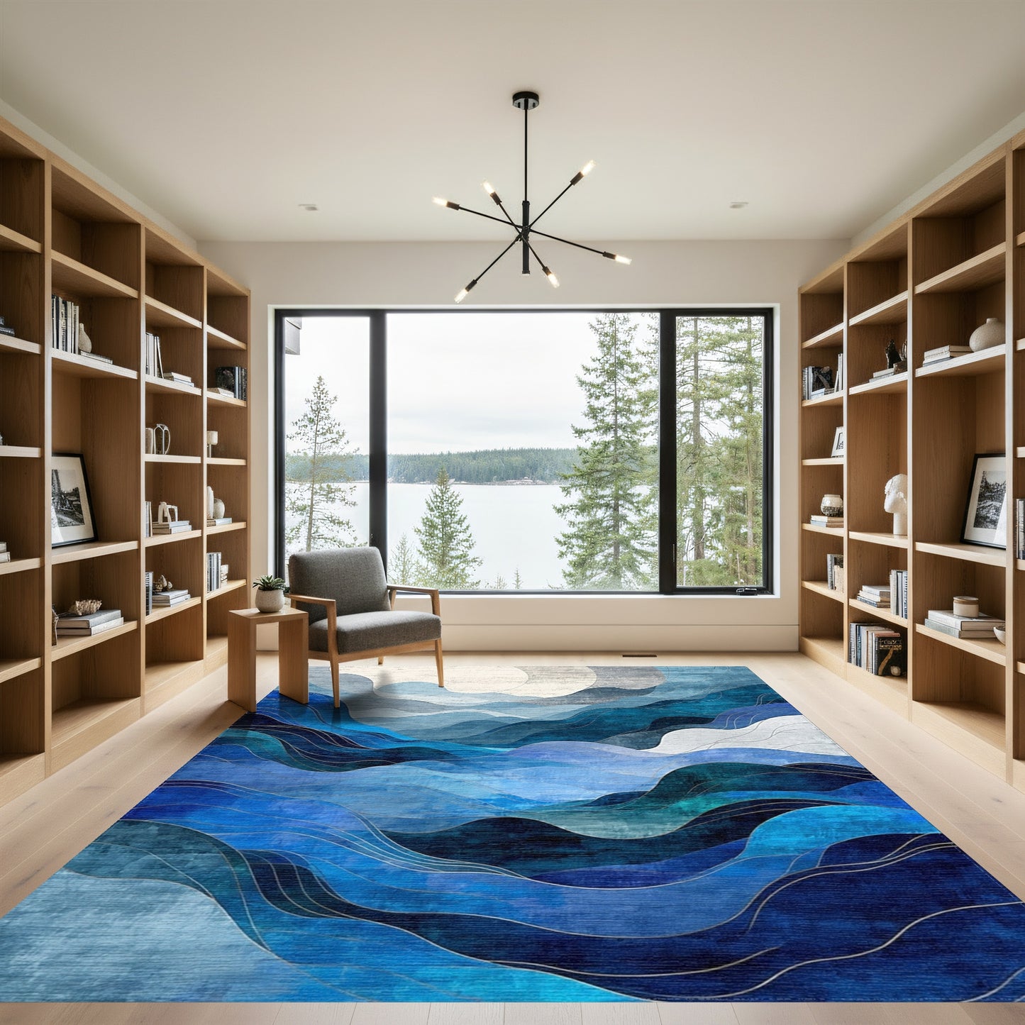 Abstract Layered Blue Waves Rug