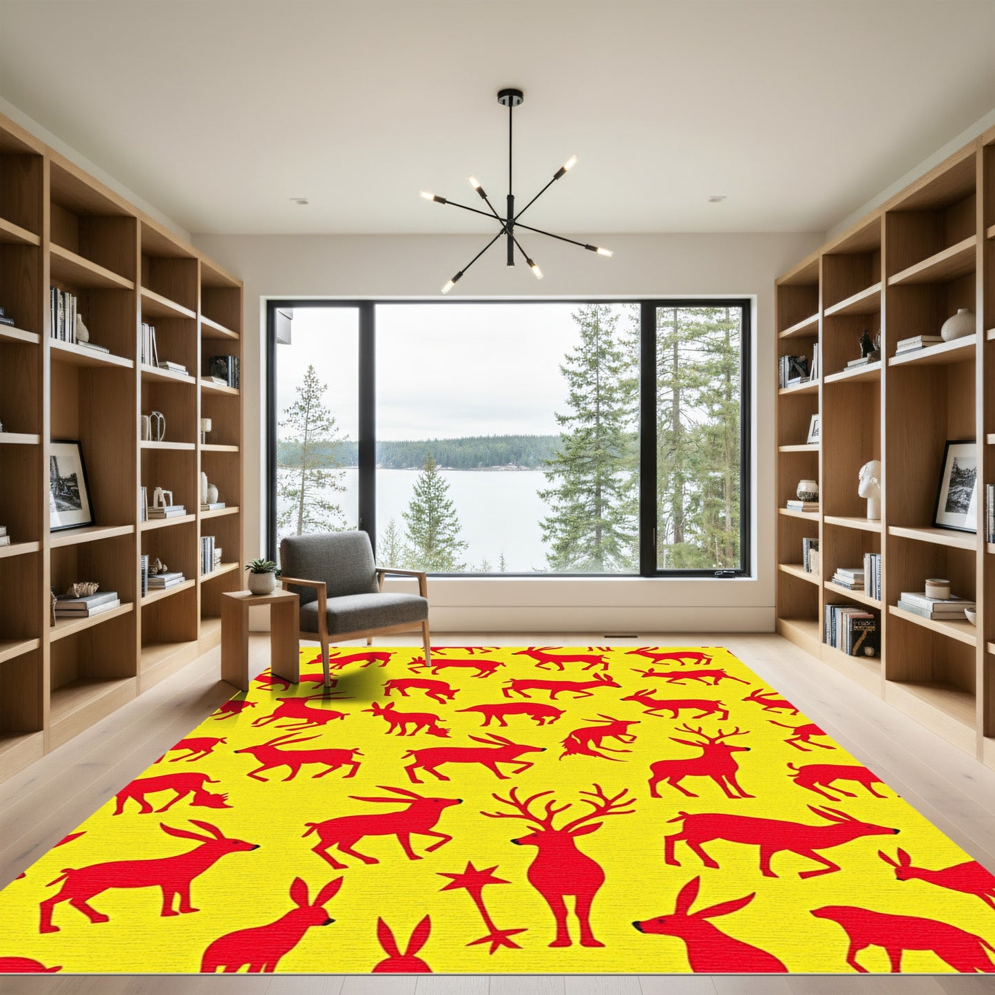 Red Deer and Hare Yellow Repeating Rug