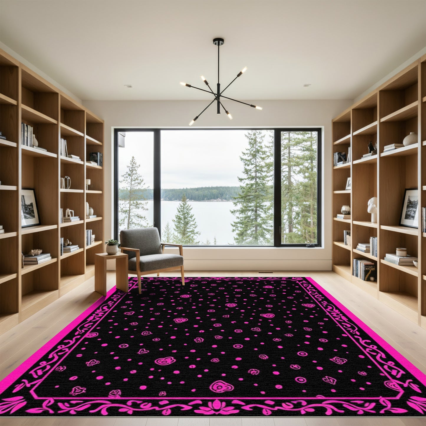 Hot Pink Floral Scatter Black Frame Rug