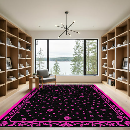Hot Pink Floral Scatter Black Frame Rug