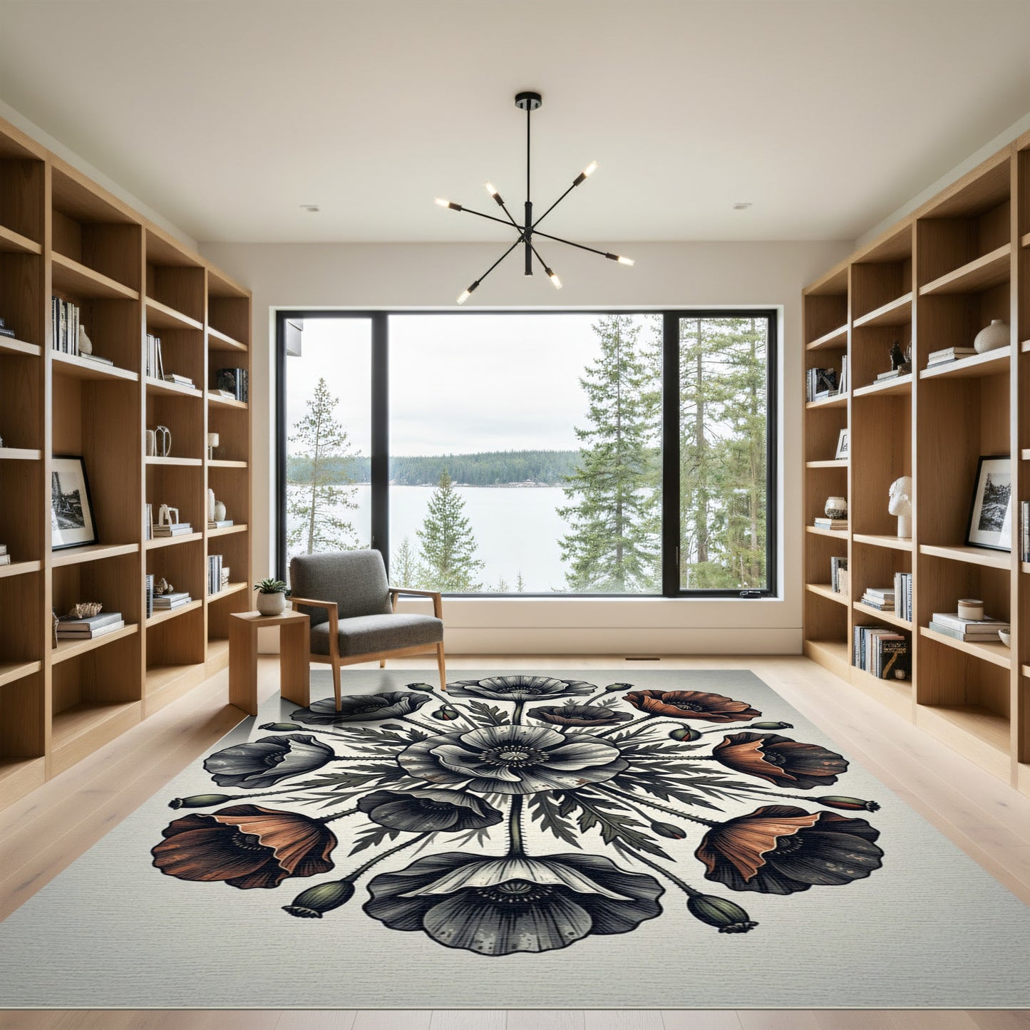 Monochromatic Floral Poppy Mandala Rug