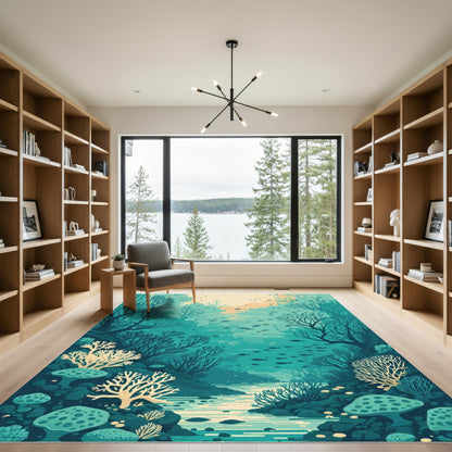 Teal Underwater Coral Reef Scene Rug