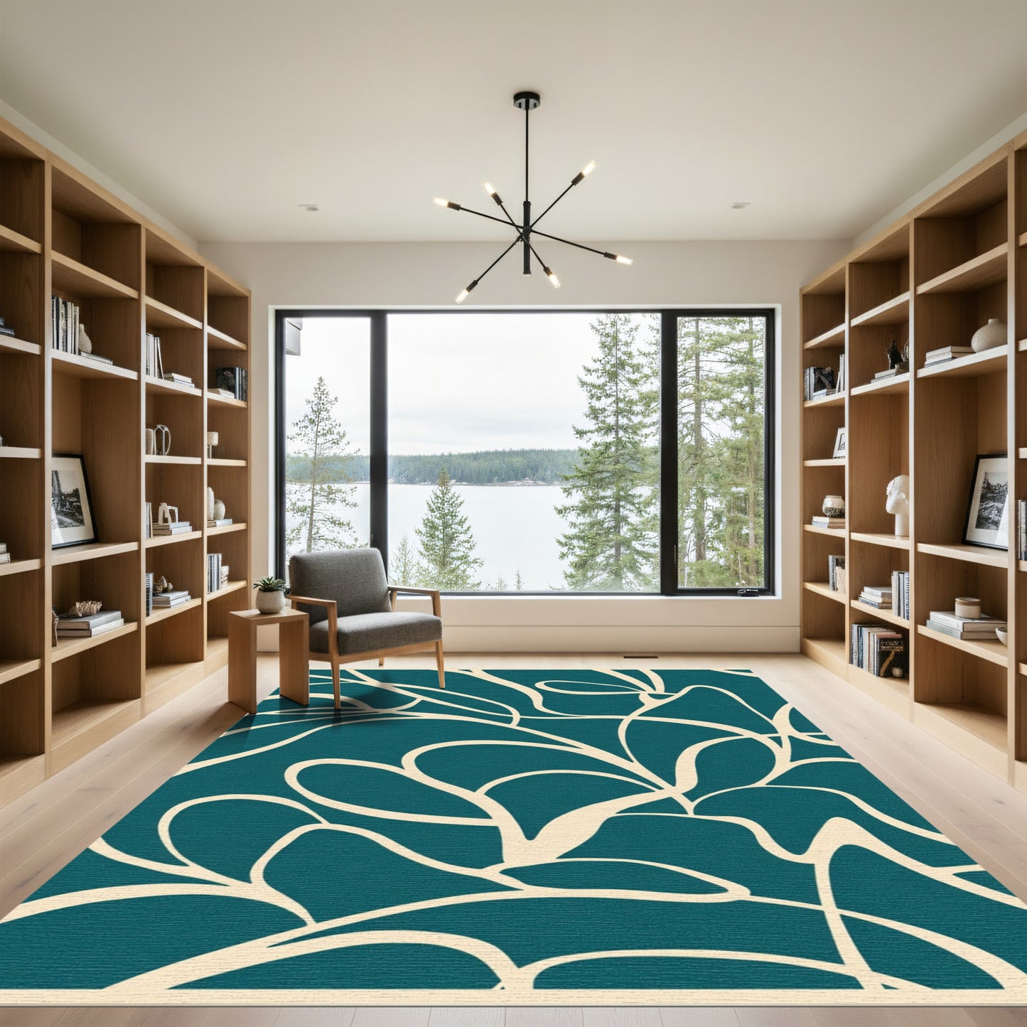 Teal Cream Organic Flowing Lines Rug