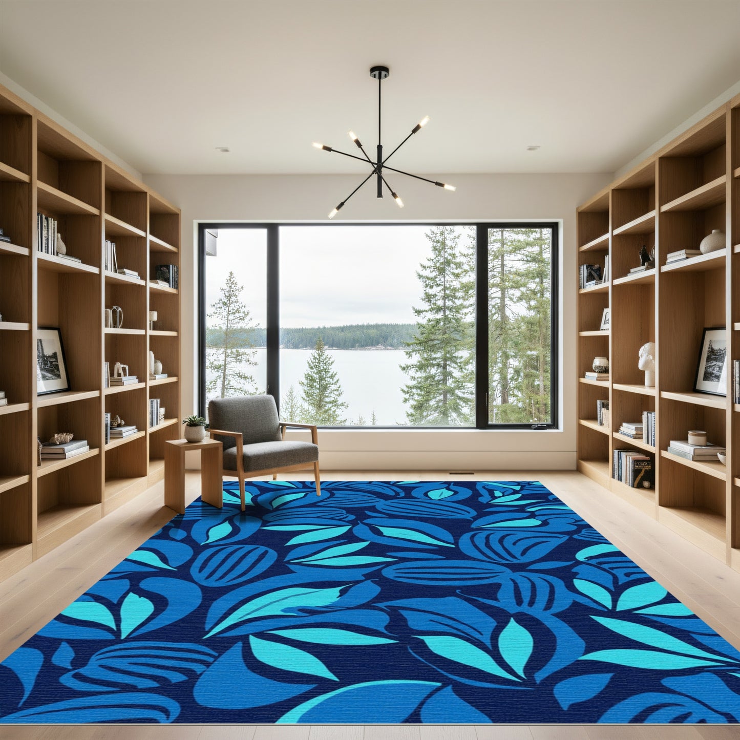 Bold Deep Blue Tropical Leaf Spread Rug
