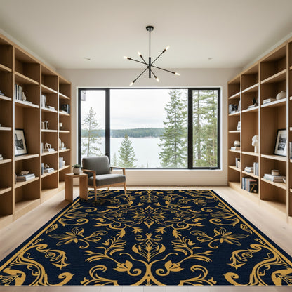 Dark Navy Gold Floral Manor Rug
