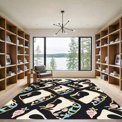 Black Pink Floral Abstract Diamond Rug