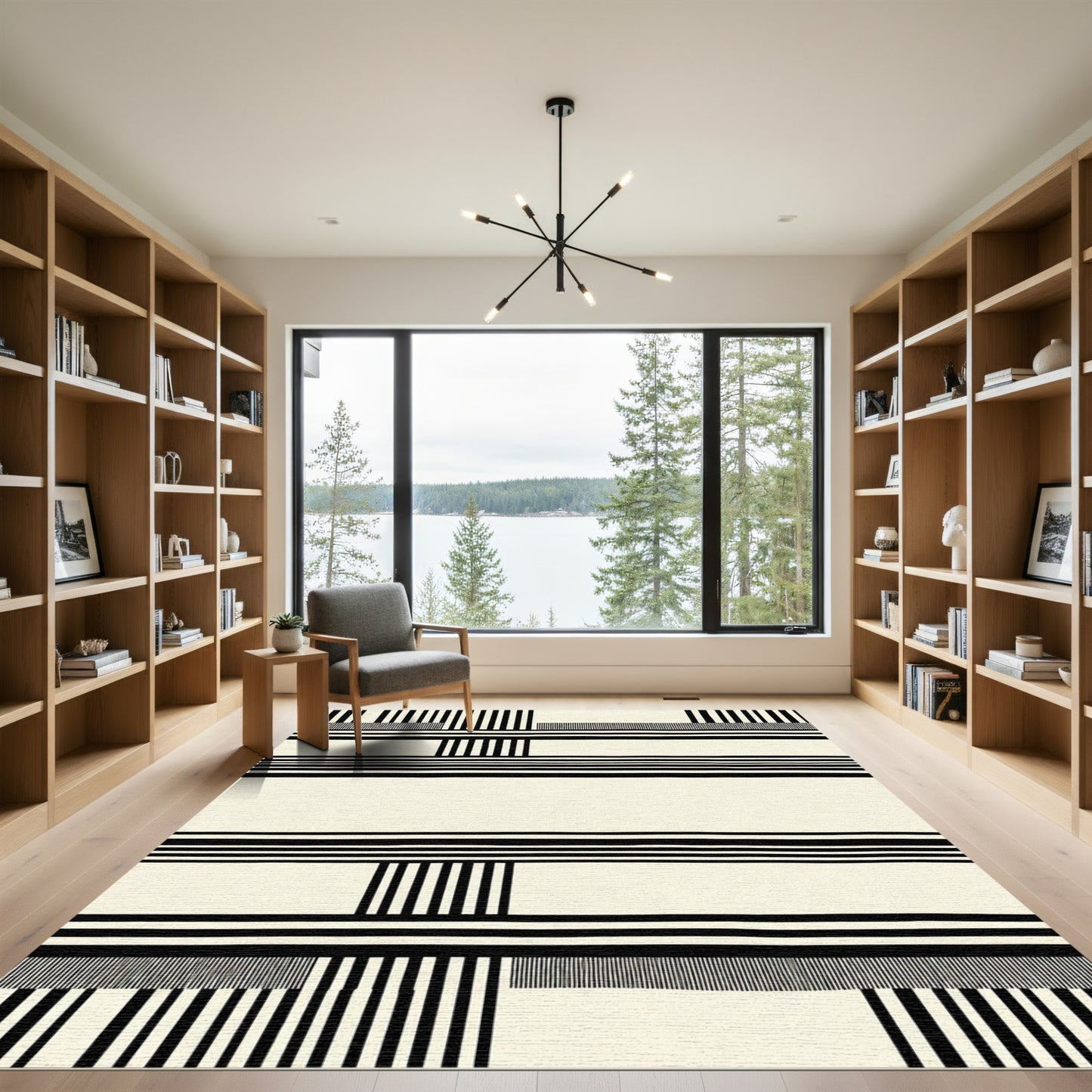 Modern Black White Stripe Geometric Rug
