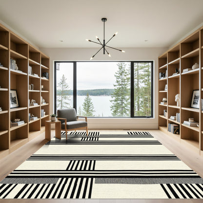 Modern Black White Stripe Geometric Rug