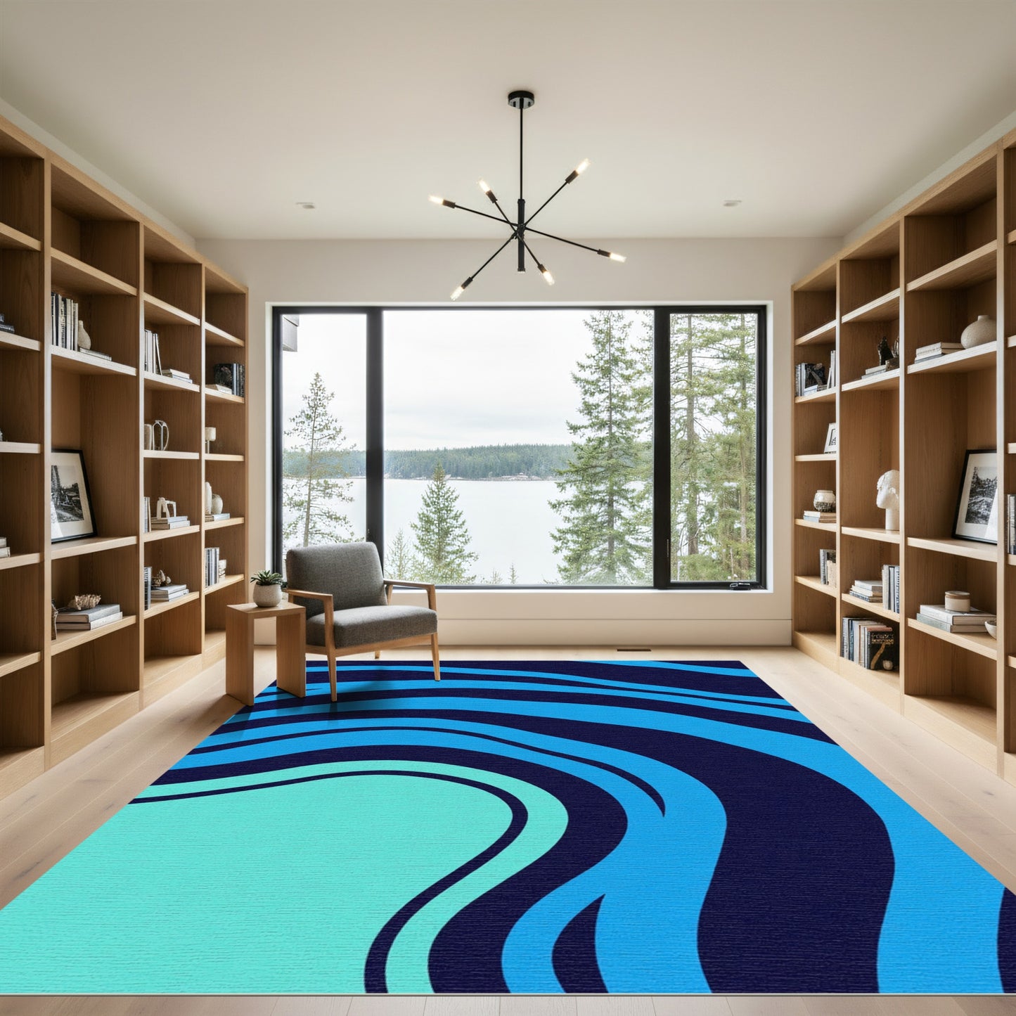 Oceanic Blue Flowing Stripes Rug