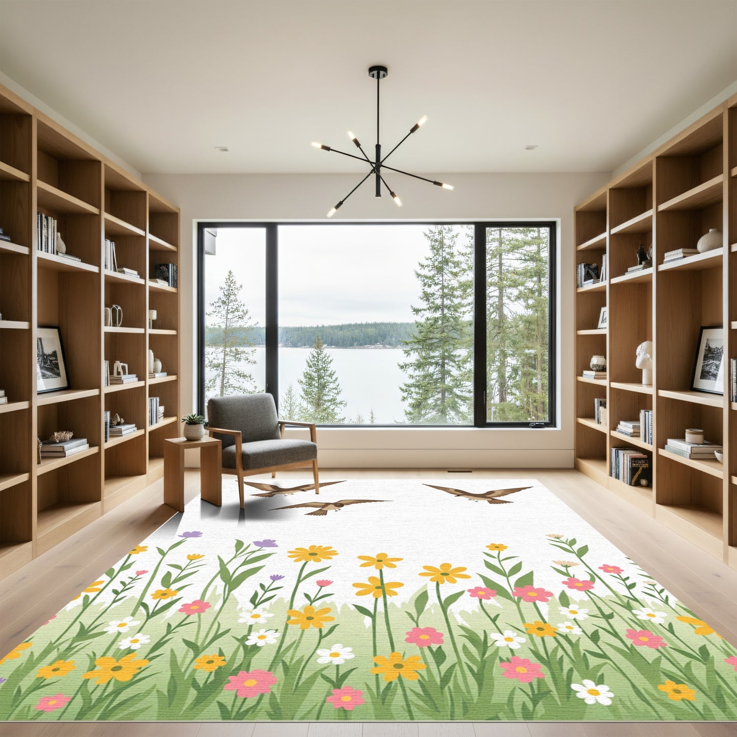Brown Birds Over Colorful Spring Meadow Rug