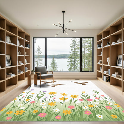 Brown Birds Over Colorful Spring Meadow Rug