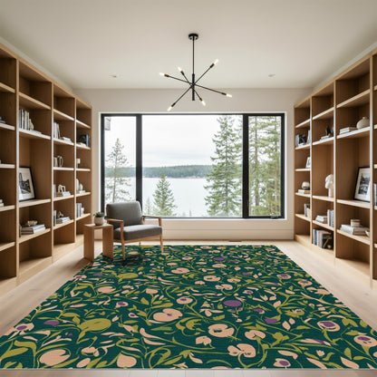 Deep Teal Floral Vine Garden Rug
