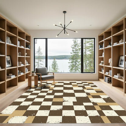 Distressed Brown Checkerboard Grunge squares Rug