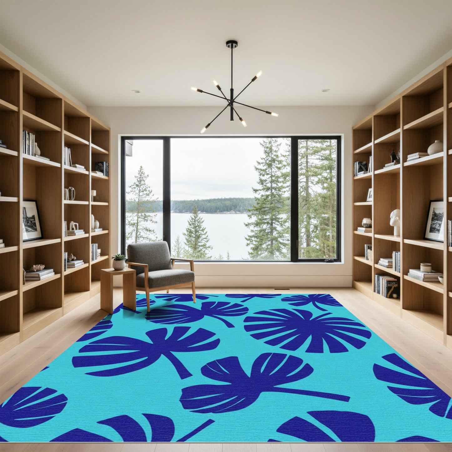 Bright Blue Tropical Leaf Collage Rug