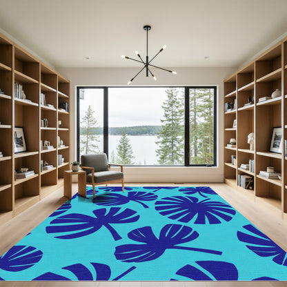 Bright Blue Tropical Leaf Collage Rug
