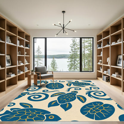 Blue Gold Sea Turtle Waves Rug