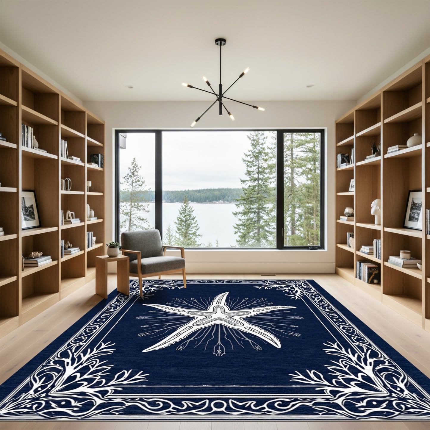 White Starfish Botanical Navy Border Rug