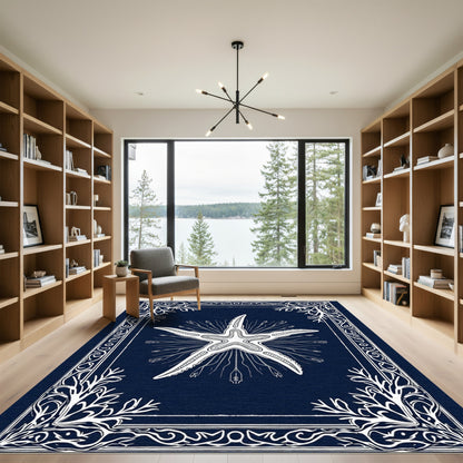 White Starfish Botanical Navy Border Rug