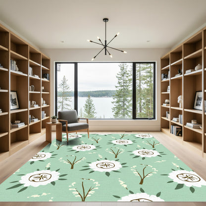 Green White Floral Branch Blossom Rug