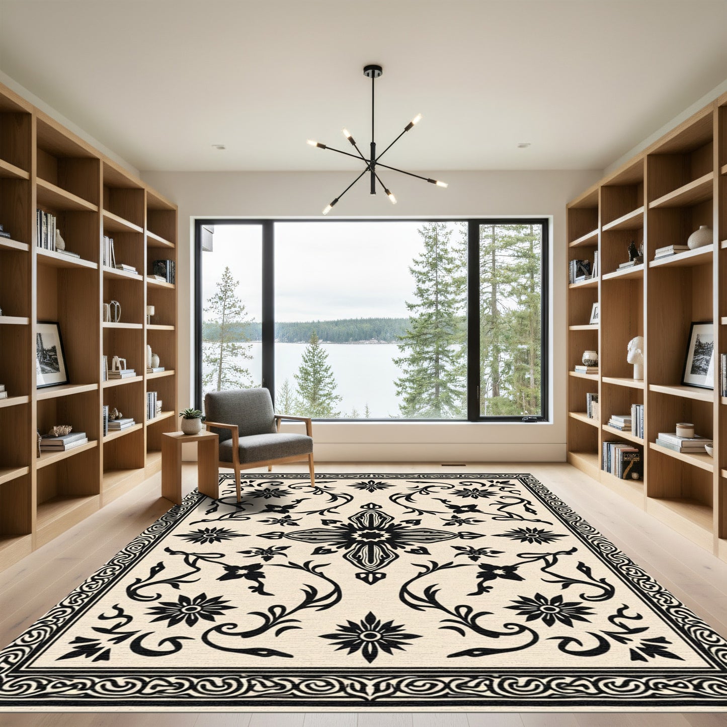 Black Floral Medallion Cream Border Rug