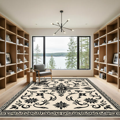 Black Floral Medallion Cream Border Rug
