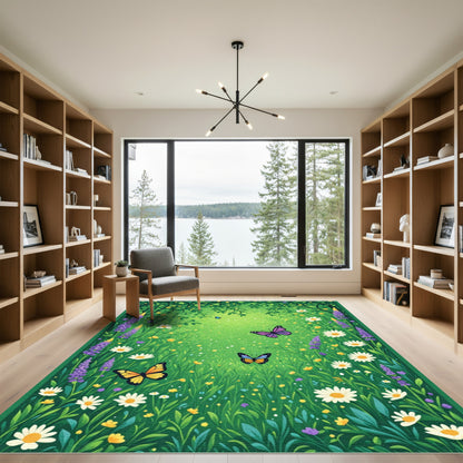 Whimsical Garden Butterflies Floral Meadow Rug